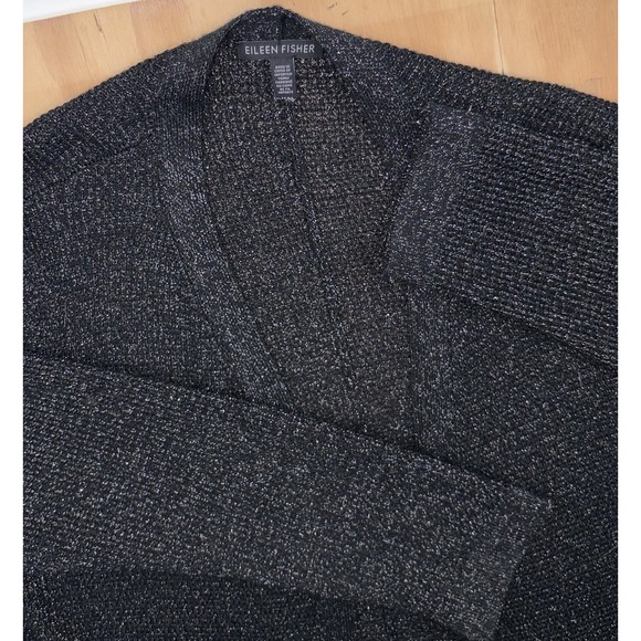 Eileen Fisher Sweaters - Eileen Fisher Black Metallic Long Open‎ Cardigan Sweater Merino Wool Medium